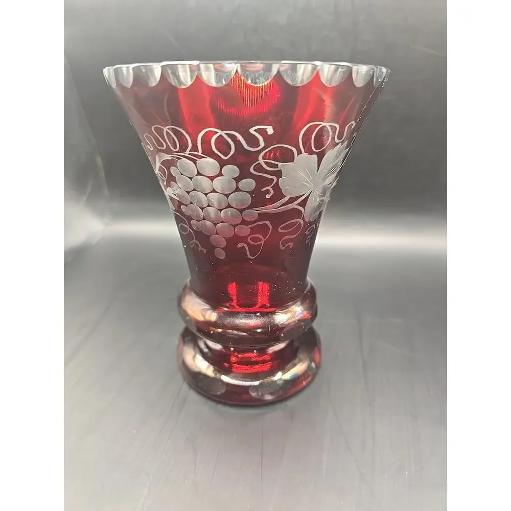 Vintage Egermann Style Ruby Cut To Clear Vase With Grapes and Vines 6